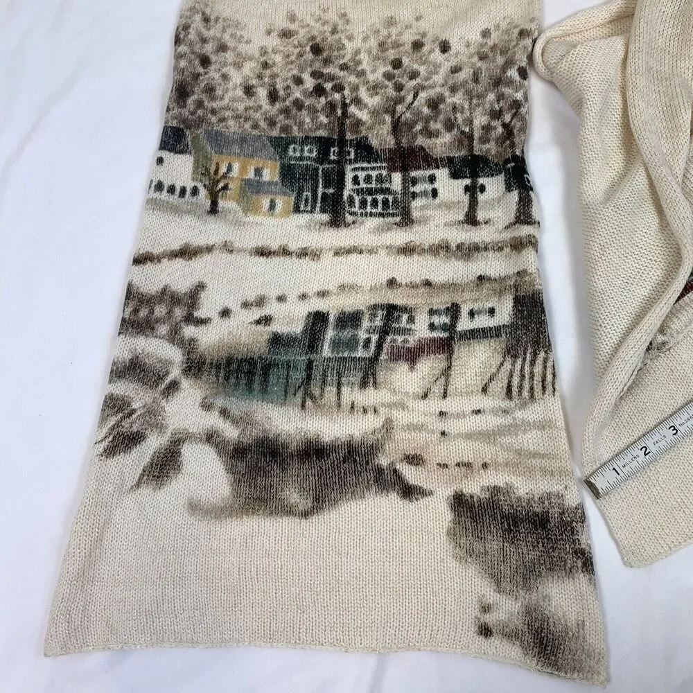 Anthropologie Hani Min Hand Painted Merino Wool Scarf Winter Visit Village Scene